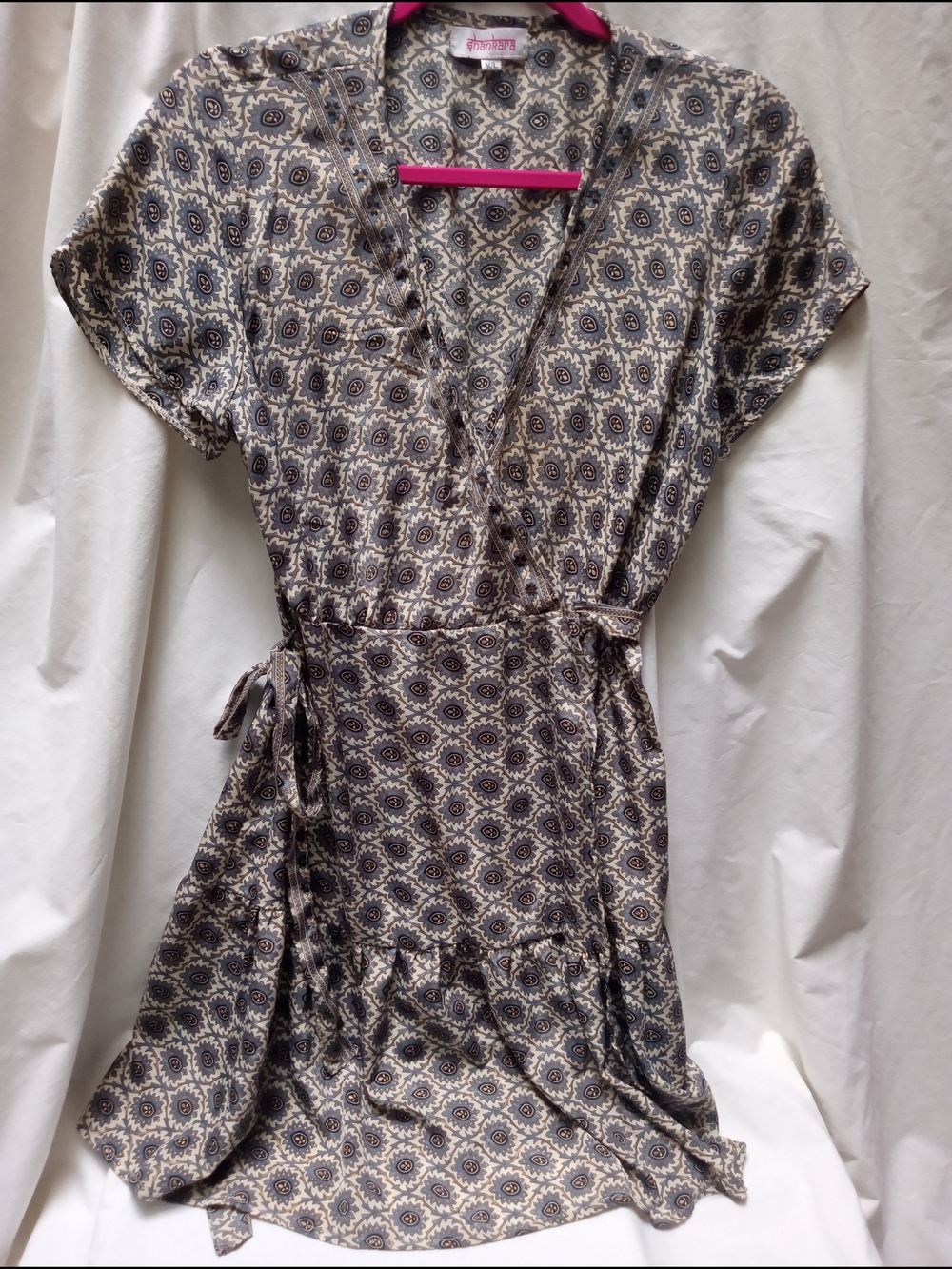 Sakura Silk Wrap Dress in Blue, Ivory  & Gold Print